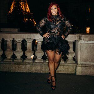 SHEER SEQUIN MINI W/FEATHER TRIM- BLACK
